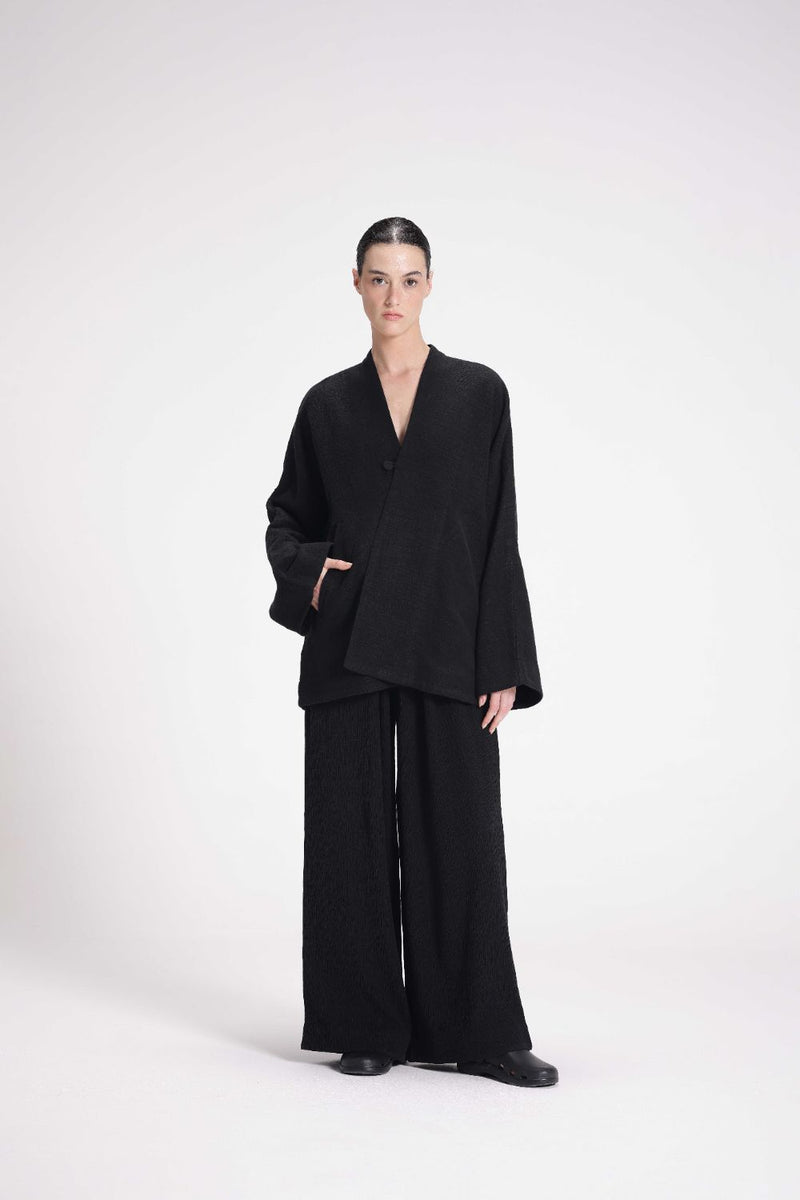Chenille Overlap Jacket linen by Turn Black in black color for women in Singapore