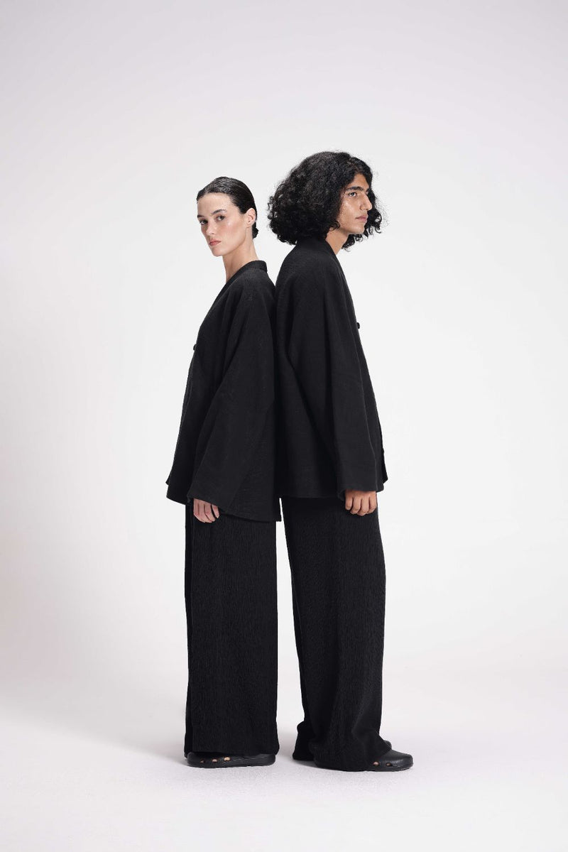 Chenille Overlap Jacket linen by Turn Black in black color for women in Singapore
