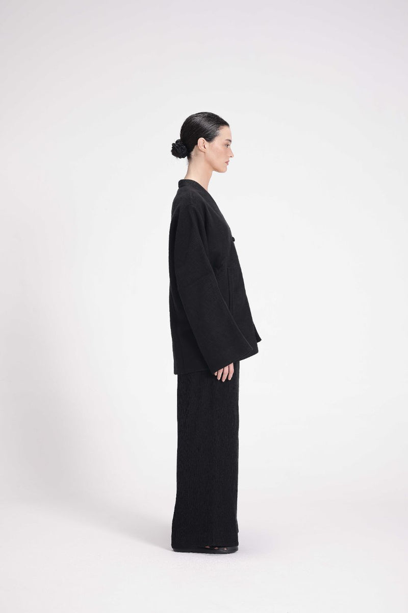 Chenille Overlap Jacket linen by Turn Black in black color for women in Singapore
