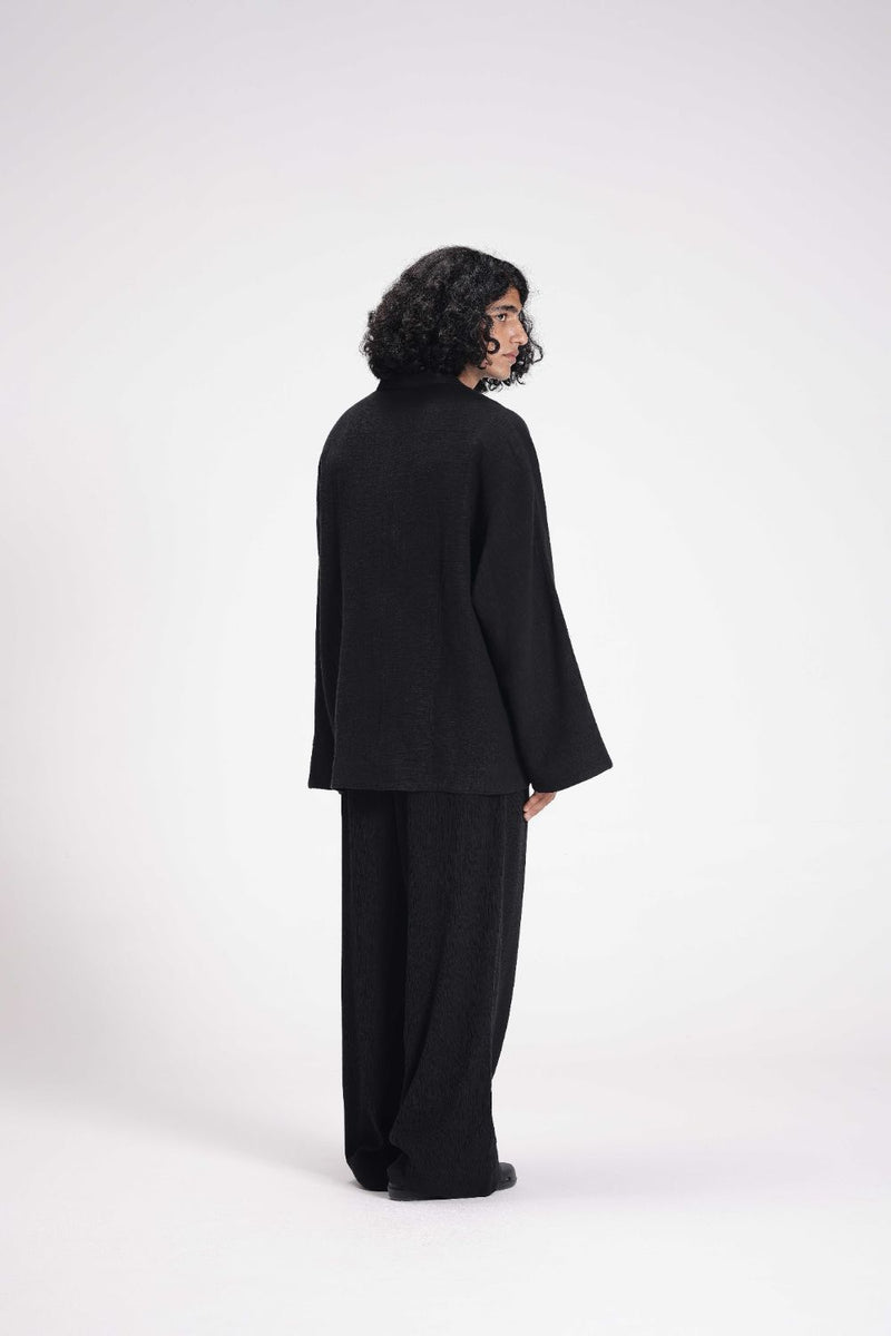 Chenille Overlap Jacket linen by Turn Black in black color for women in Singapore