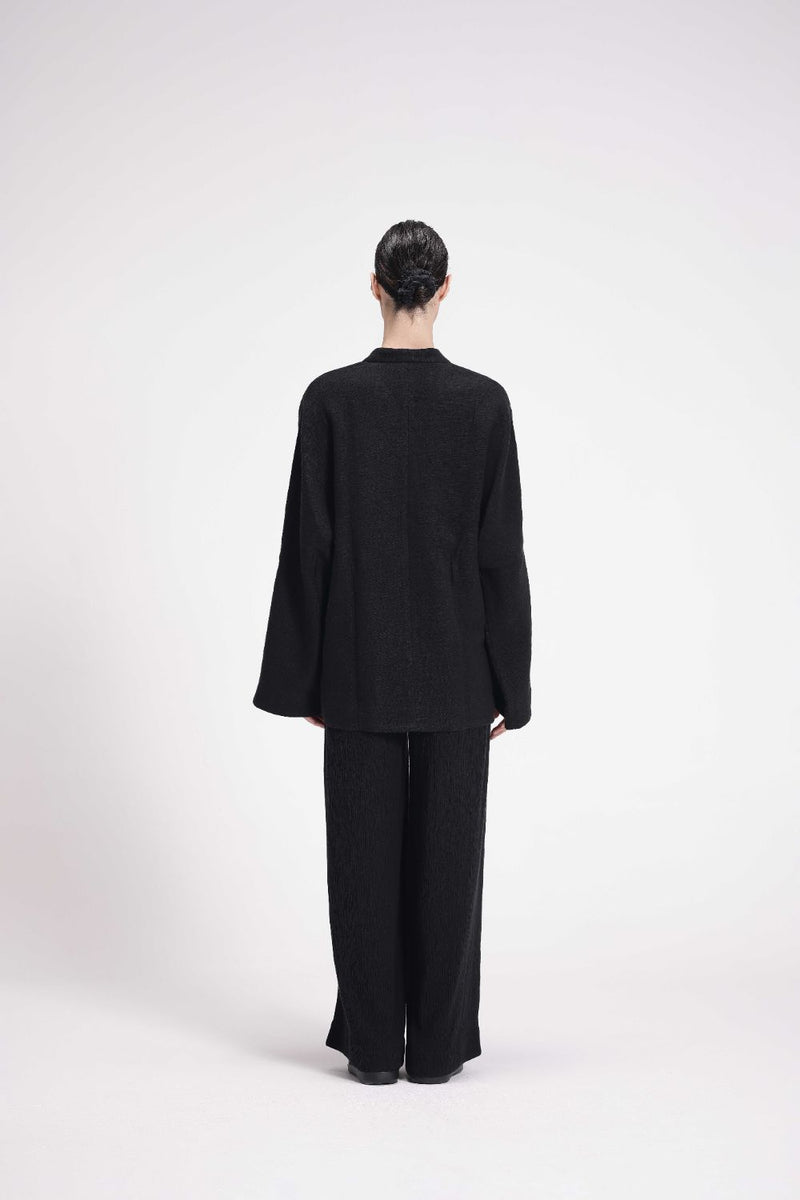 Chenille Overlap Jacket linen by Turn Black in black color for women in Singapore