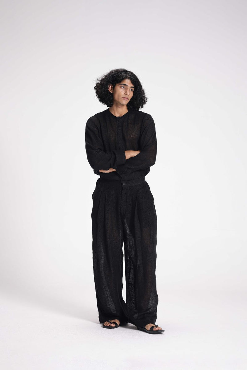Sheer Tunic and Pant Co-ord Set linen by Turn Black in black color for men in Singapore
