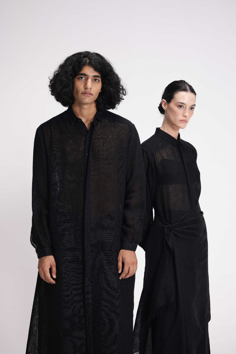 Sheer Shirt Dress linen by Turn Black in black color for women in Singapore