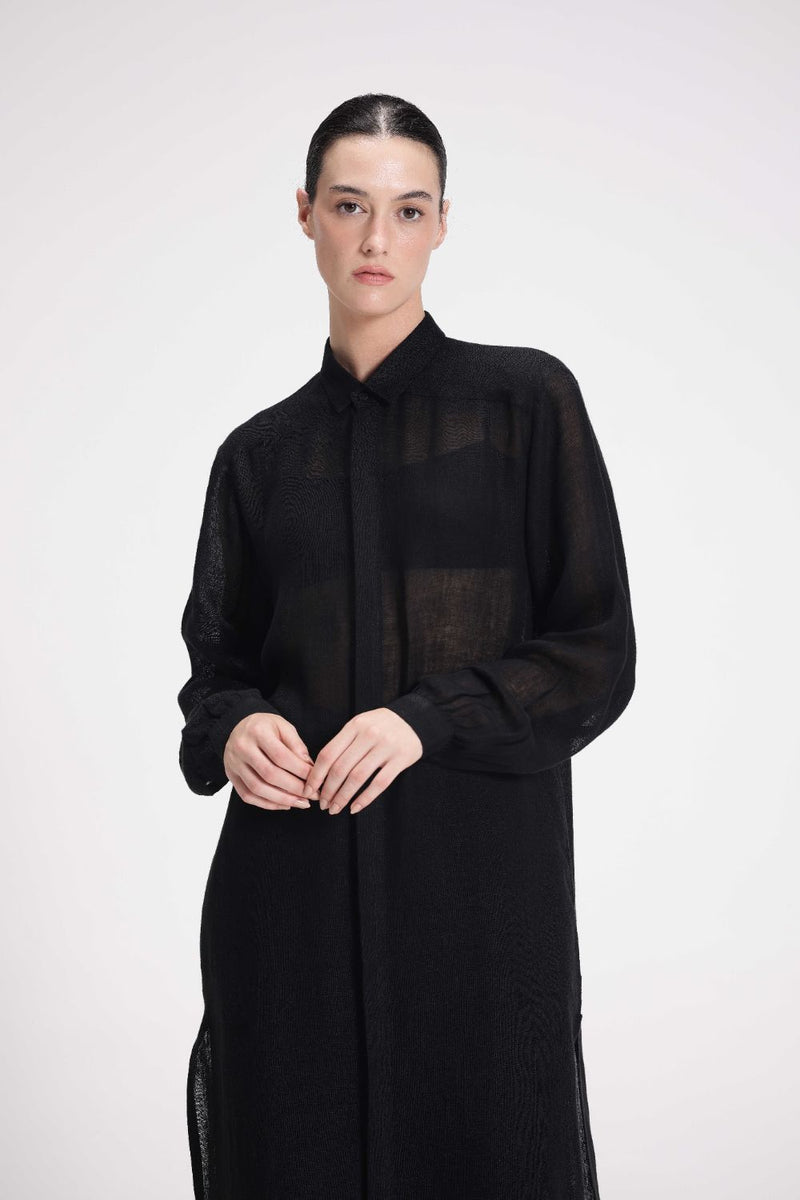 Sheer Shirt Dress linen by Turn Black in black color for women in Singapore