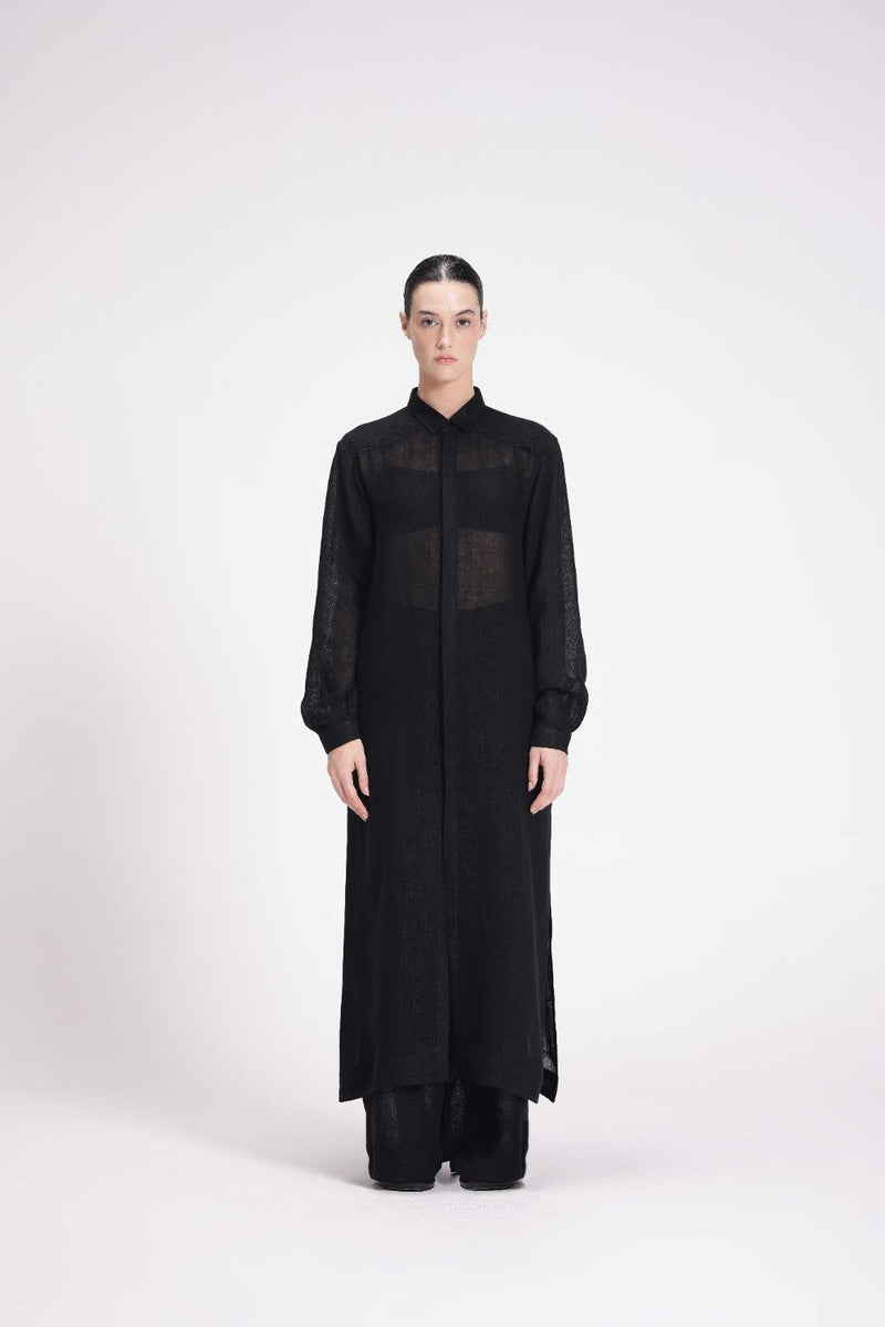 Sheer Shirt Dress linen by Turn Black in black color for women in Singapore
