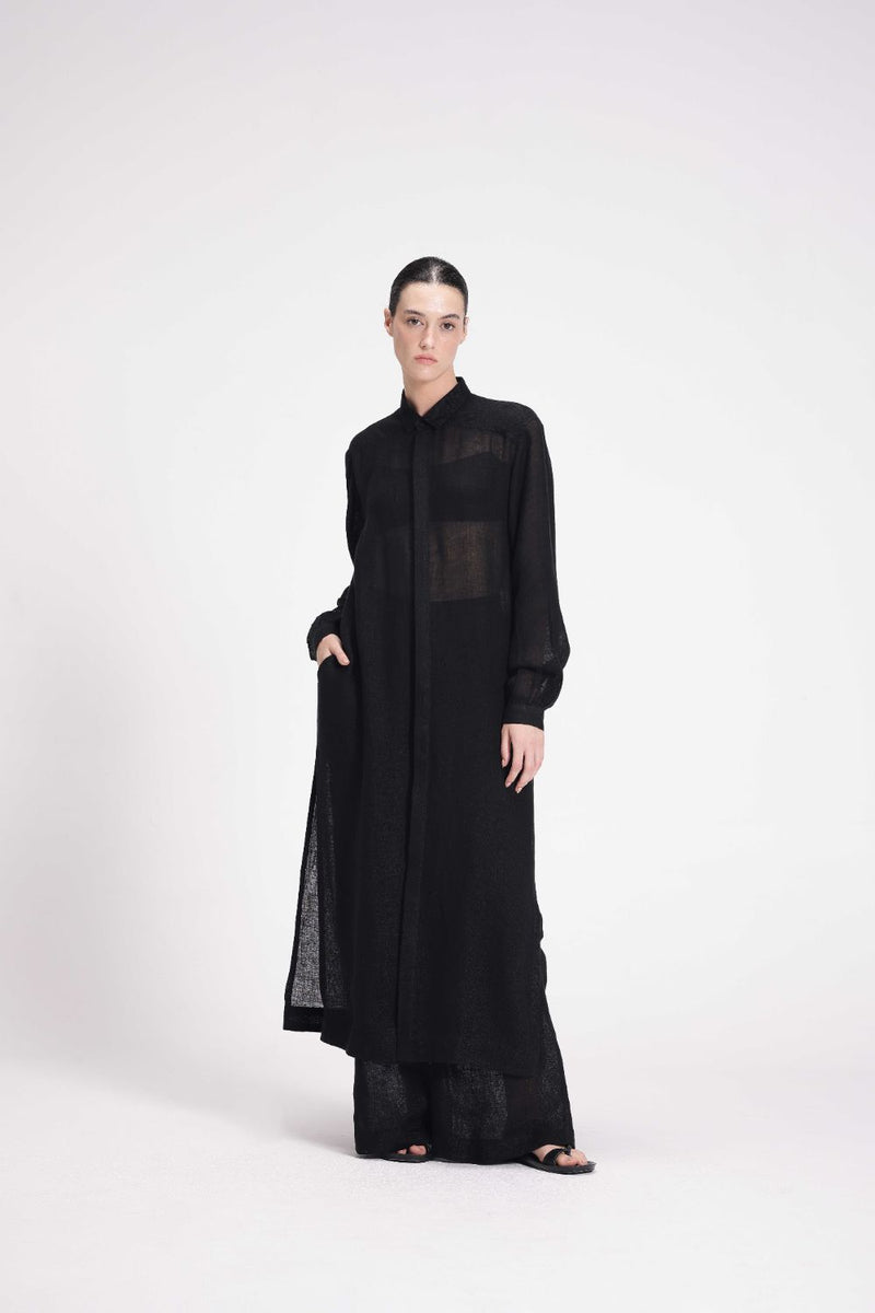 Sheer Shirt Dress linen by Turn Black in black color for women in Singapore