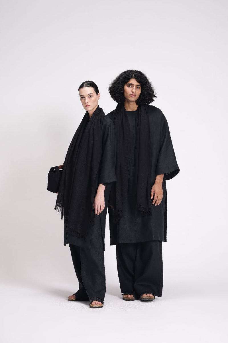 Half Sleeves Linen Kurta linen by Turn Black in black color for women in Singapore