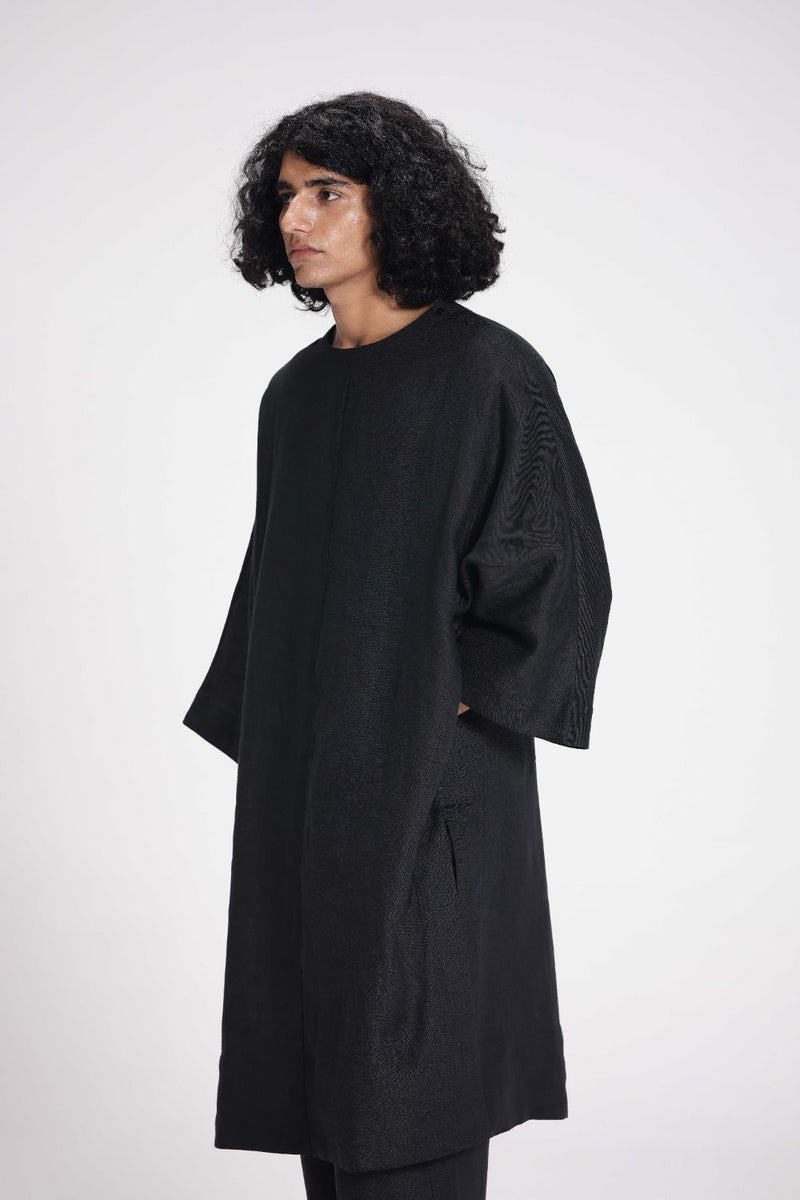 Half Sleeves Linen Kurta linen by Turn Black in black color for women in Singapore