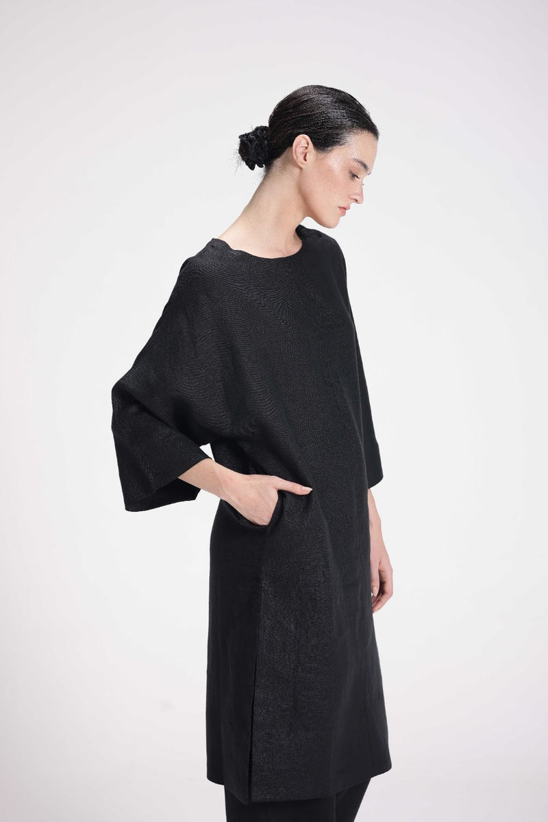 Half Sleeves Linen Kurta linen by Turn Black in black color for women in Singapore