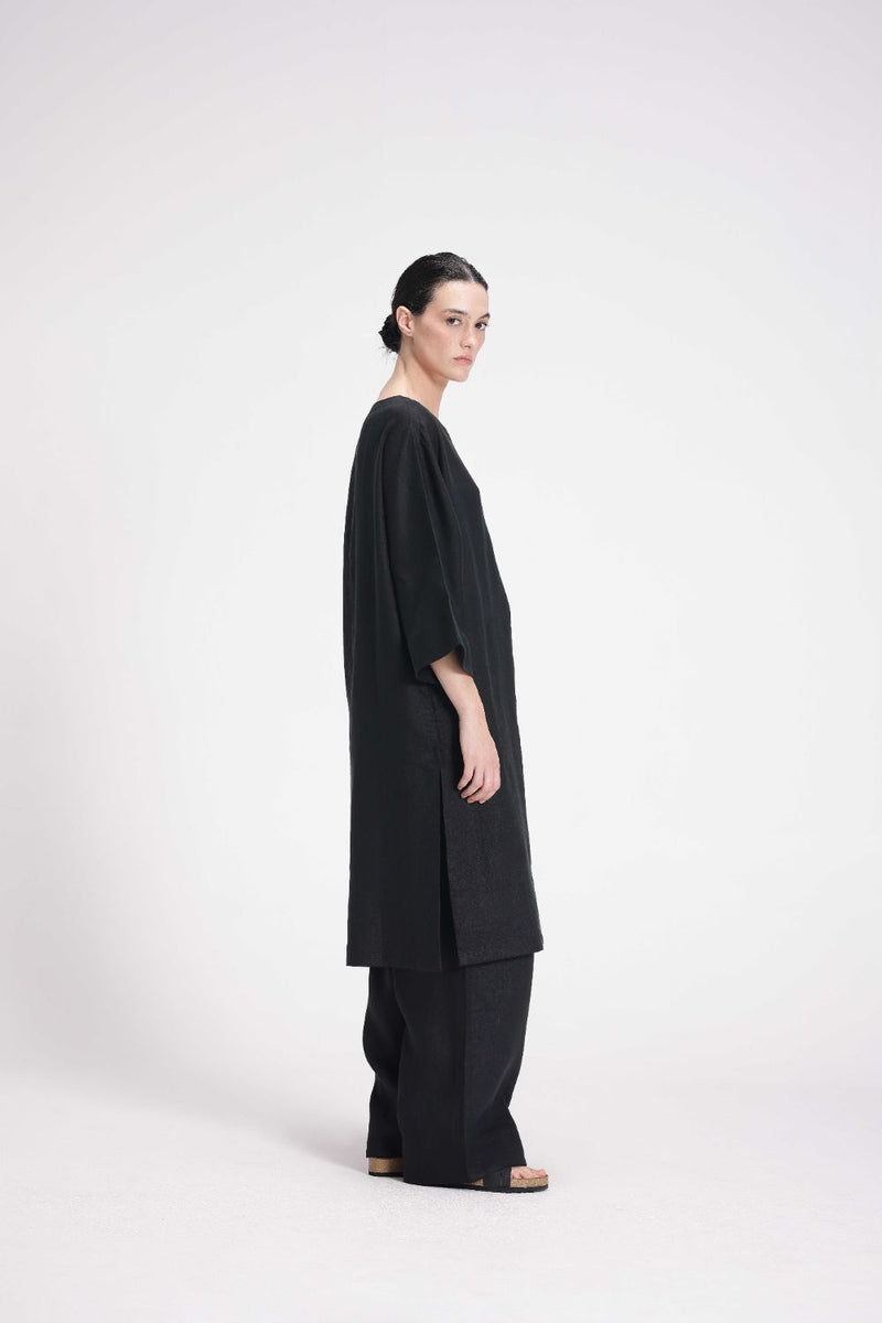 Half Sleeves Linen Kurta linen by Turn Black in black color for women in Singapore