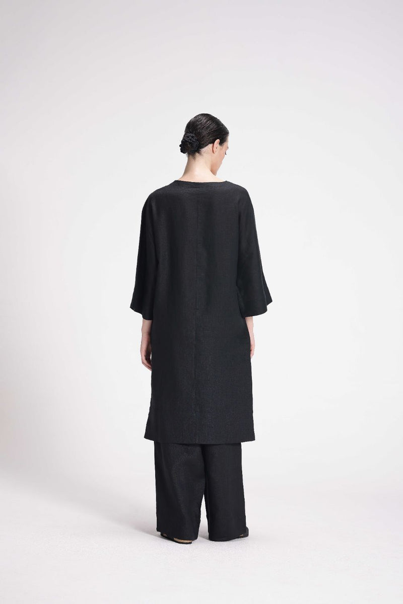 Half Sleeves Linen Kurta linen by Turn Black in black color for women in Singapore