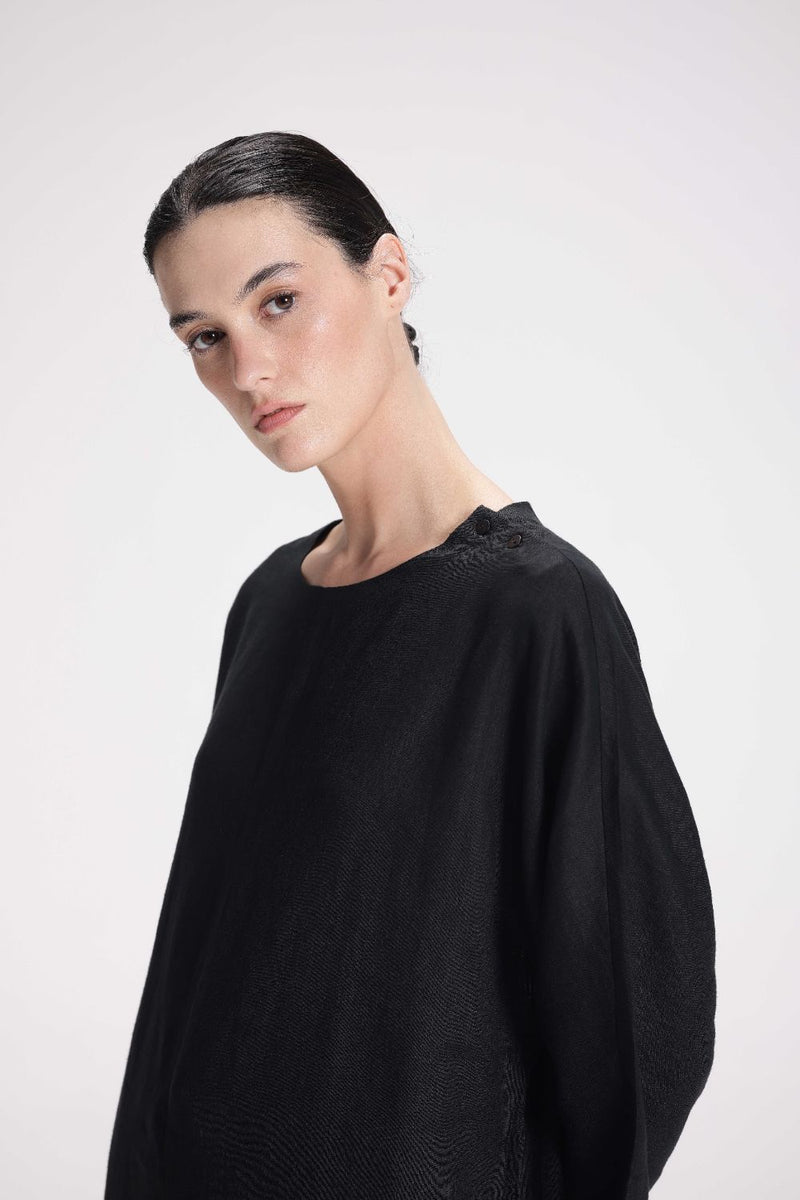 Half Sleeves Linen Kurta linen by Turn Black in black color for women in Singapore