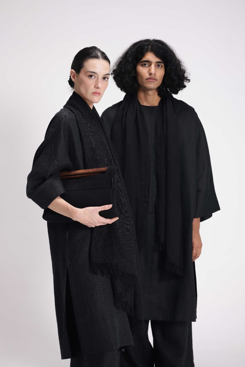 Half Sleeves Linen Kurta linen by Turn Black in black color for women in Singapore