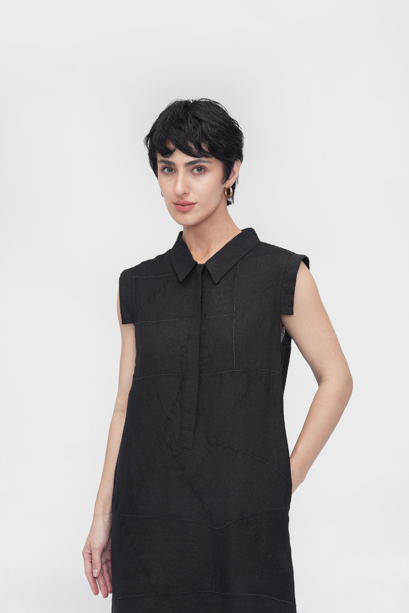 Yangchan Straight Dress linen by Turn Black in black color for women in Singapore