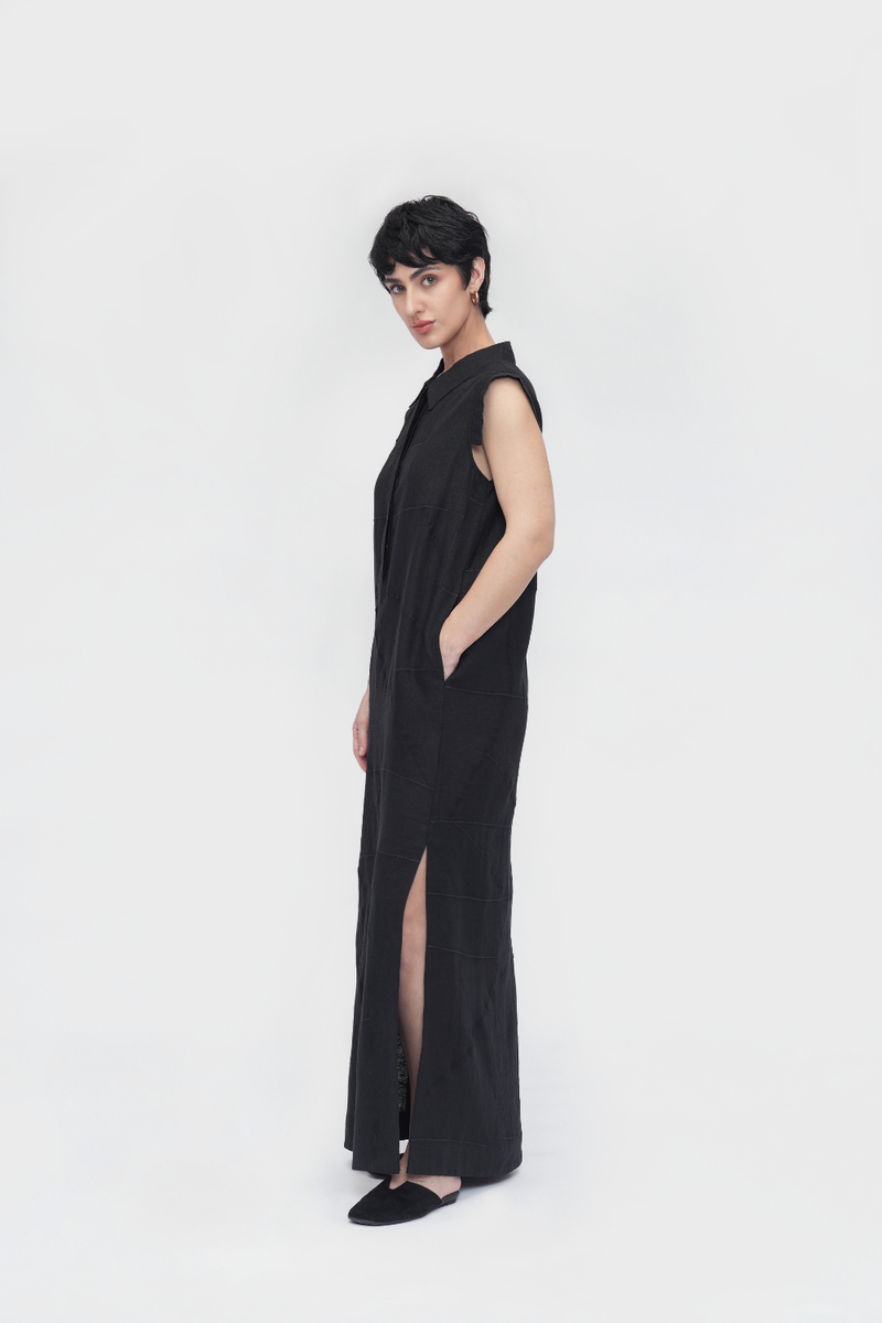 Yangchan Straight Dress linen by Turn Black in black color for women in Singapore