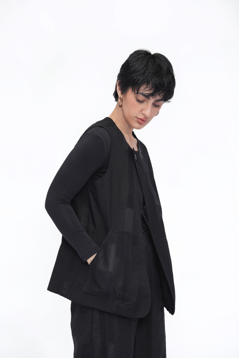 Rigpa Vest Outerwear patchwork by Turn Black in black color for women in Singapore