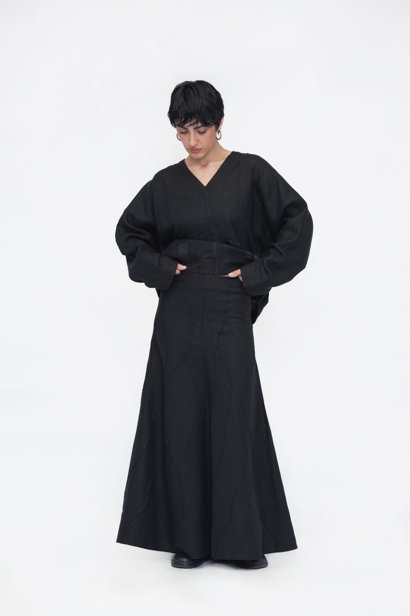 Sangmo Skirt linen by Turn Black in black color for women in Singapore