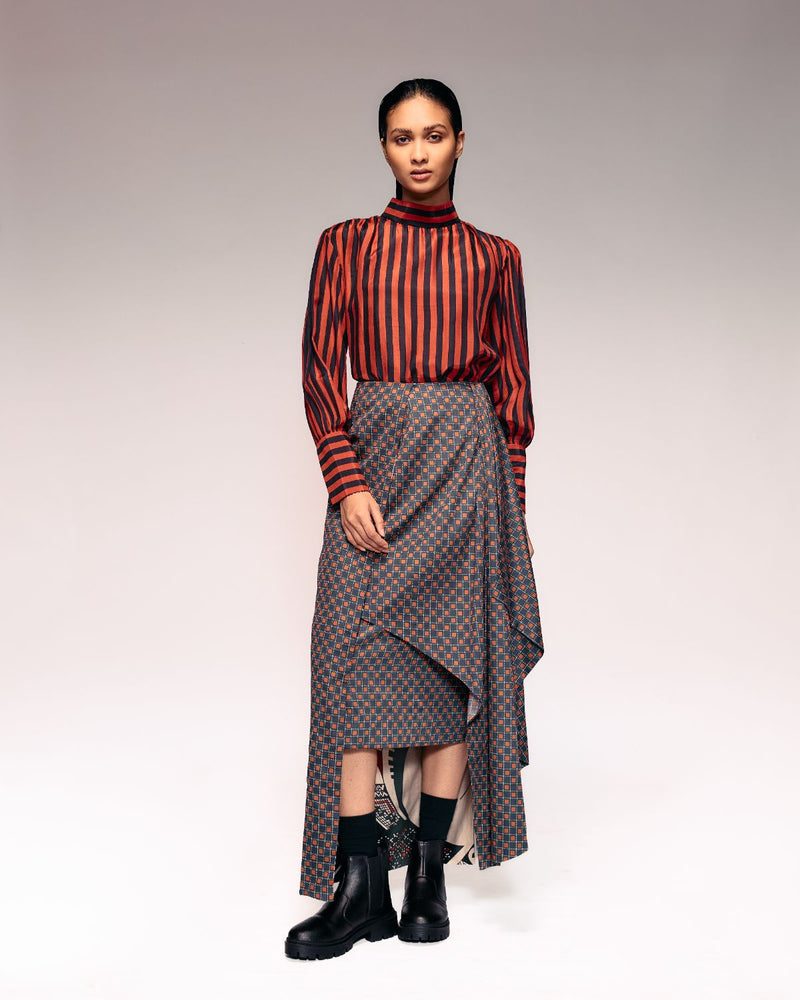 Rust Black Stripe High Neck Top silk Buy Rust Black Stripe High Neck Top from C&W | Tops And Shirts for Women by Kritika Murarka in rust color for women in Singapore