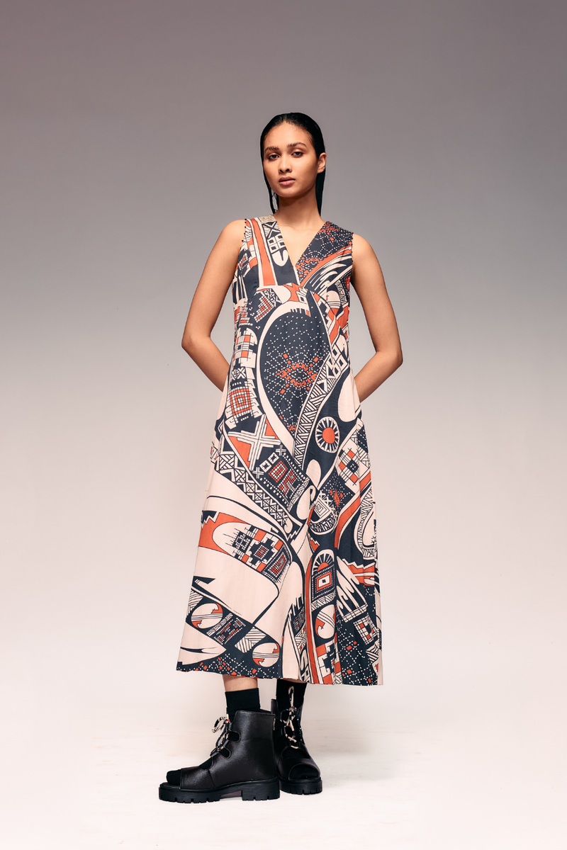 Rust Print V neck Midi Dress cotton Buy Rust Print V neck Midi Dress from C&W | Dresses for Women by Kritika Murarka in rust color for women in Singapore