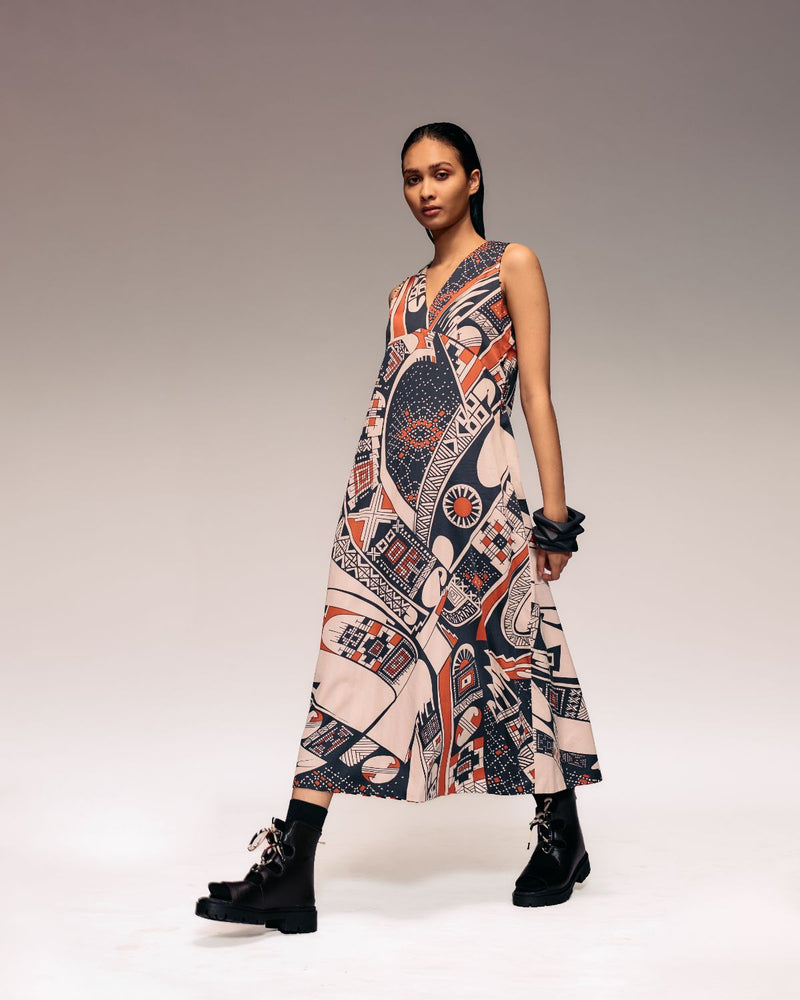 Rust Print V neck Midi Dress cotton Buy Rust Print V neck Midi Dress from C&W | Dresses for Women by Kritika Murarka in rust color for women in Singapore