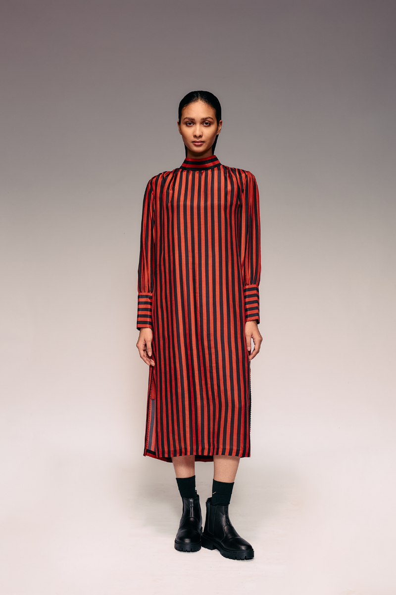 Rust Black Stripe Midi Dress silk Buy Rust Black Stripe Midi Dress from C&W | Dresses for Women by Kritika Murarka in rust color for women in Singapore