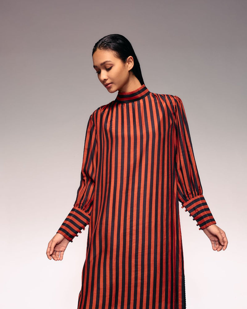 Rust Black Stripe Midi Dress silk Buy Rust Black Stripe Midi Dress from C&W | Dresses for Women by Kritika Murarka in rust color for women in Singapore
