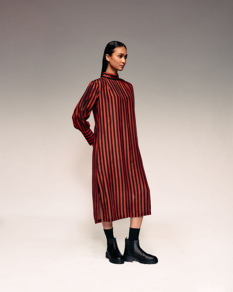 Rust Black Stripe Midi Dress silk Buy Rust Black Stripe Midi Dress from C&W | Dresses for Women by Kritika Murarka in rust color for women in Singapore