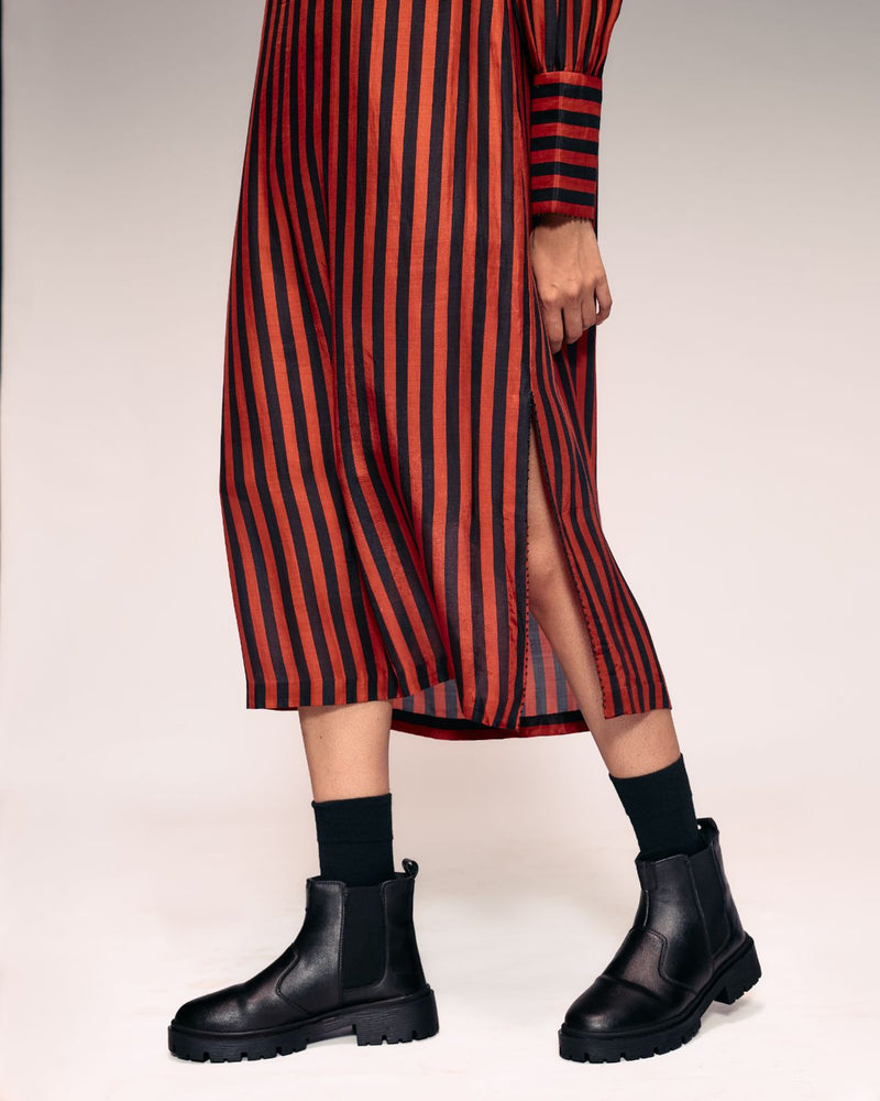 Rust Black Stripe Midi Dress silk Buy Rust Black Stripe Midi Dress from C&W | Dresses for Women by Kritika Murarka in rust color for women in Singapore