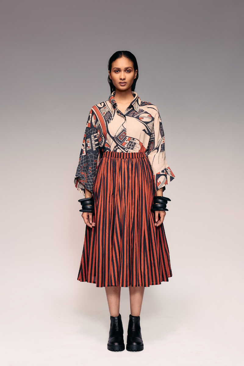 Rust Black Stripe Gathered Skirt cotton Buy Rust Black Stripe Gathered Skirt from C&W | Skirts for Women by Kritika Murarka in rust color for women in Singapore