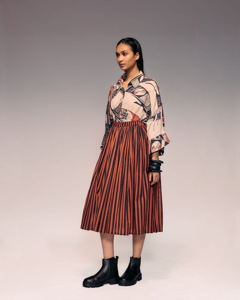 Rust Black Stripe Gathered Skirt cotton Buy Rust Black Stripe Gathered Skirt from C&W | Skirts for Women by Kritika Murarka in rust color for women in Singapore