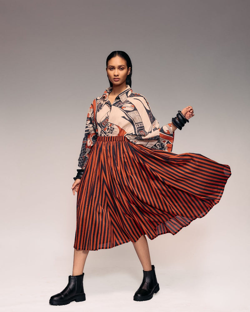 Rust Black Stripe Gathered Skirt cotton Buy Rust Black Stripe Gathered Skirt from C&W | Skirts for Women by Kritika Murarka in rust color for women in Singapore