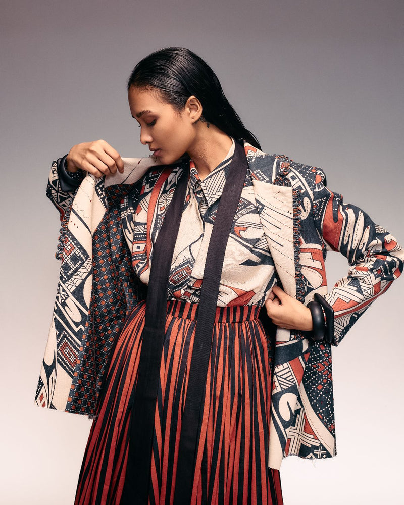Rust Print Linen Blazer cotton Buy Rust Print Linen Blazer from C&W | Jackets And Overlays for Women by Kritika Murarka in rust color for women in Singapore
