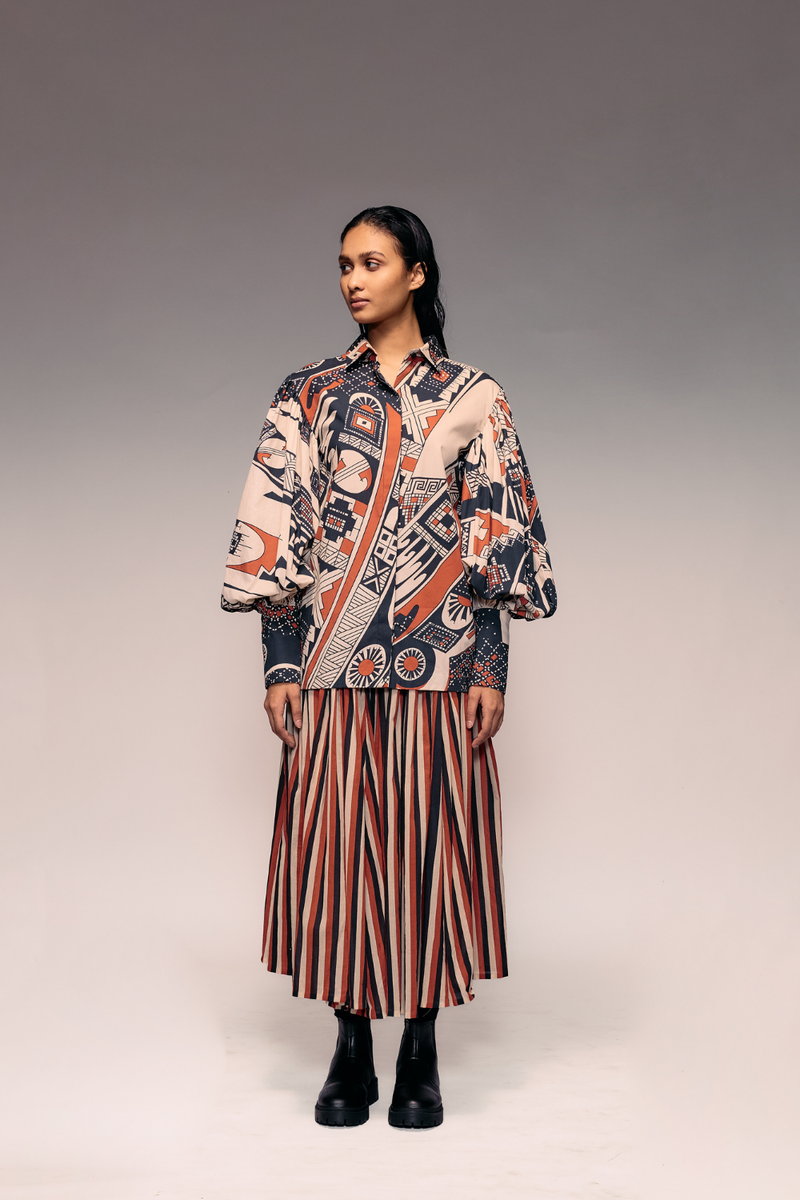 Rust Black Beige Stripe Gathered Skirt cotton Buy Rust Black Beige Stripe Gathered Skirt from C&W | Skirts for Women by Kritika Murarka in rust color for women in Singapore