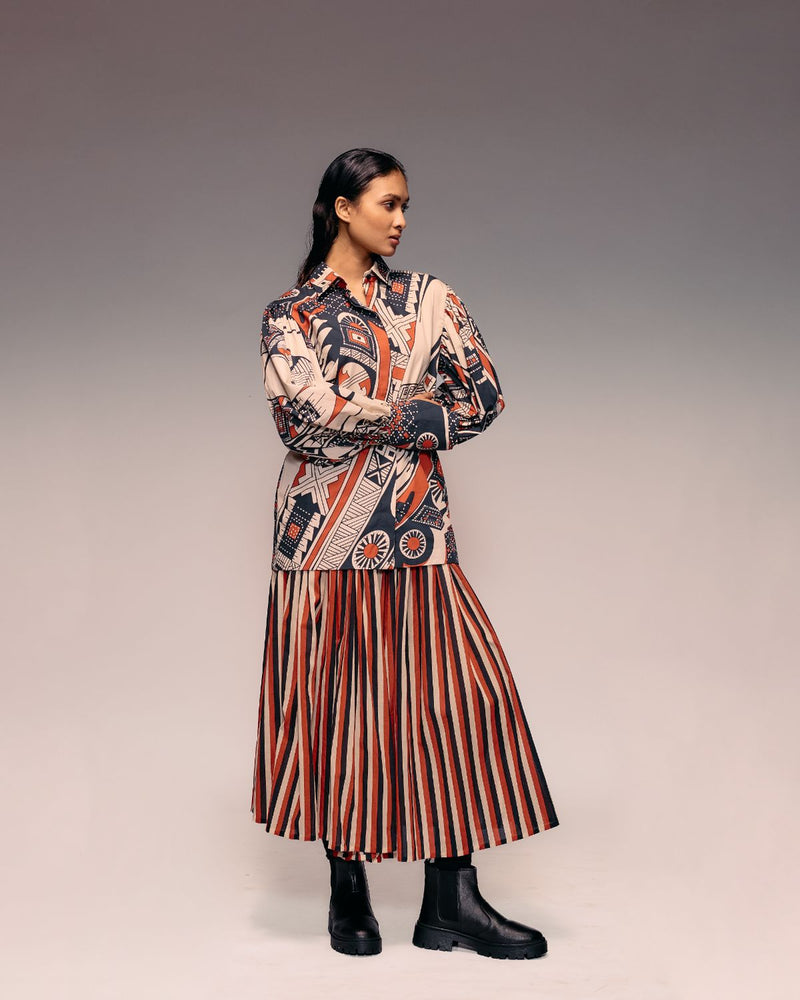 Rust Black Beige Stripe Gathered Skirt cotton Buy Rust Black Beige Stripe Gathered Skirt from C&W | Skirts for Women by Kritika Murarka in rust color for women in Singapore