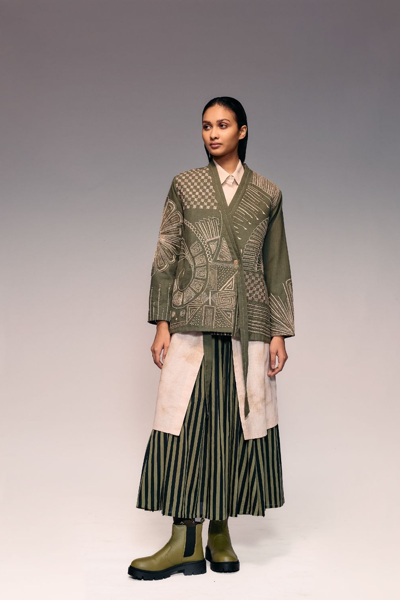 Olive Khadi Kantha Jacket Buy Olive Khadi Kantha Jacket from C&W | Jackets And Overlays for Women by Kritika Murarka in olive color for women in Singapore