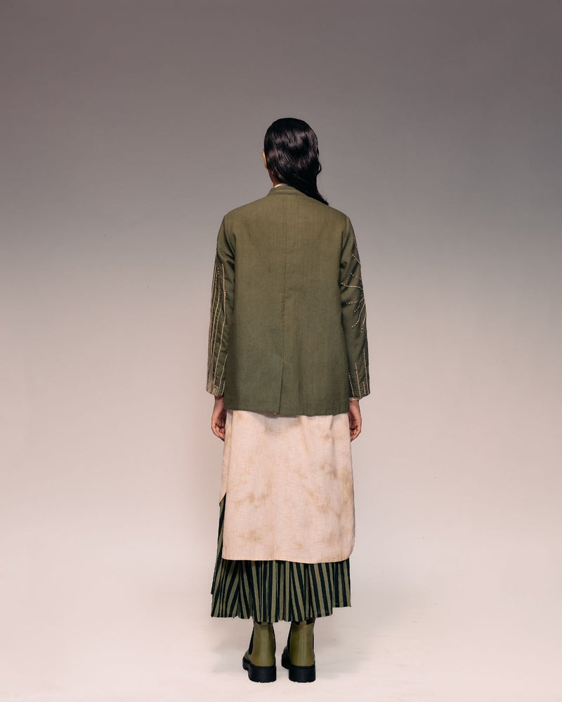 Olive Khadi Kantha Jacket Buy Olive Khadi Kantha Jacket from C&W | Jackets And Overlays for Women by Kritika Murarka in olive color for women in Singapore