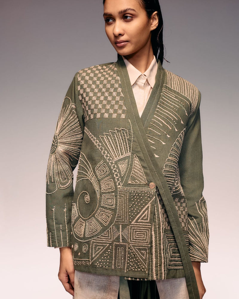 Olive Khadi Kantha Jacket Buy Olive Khadi Kantha Jacket from C&W | Jackets And Overlays for Women by Kritika Murarka in olive color for women in Singapore