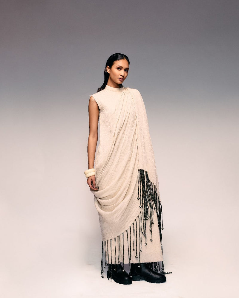 Ivory Crushed Tassel Scarf Dress cotton Buy Ivory Crushed Tassel Scarf Dress from C&W | Dresses for Women by Kritika Murarka in ivory color for women in Singapore