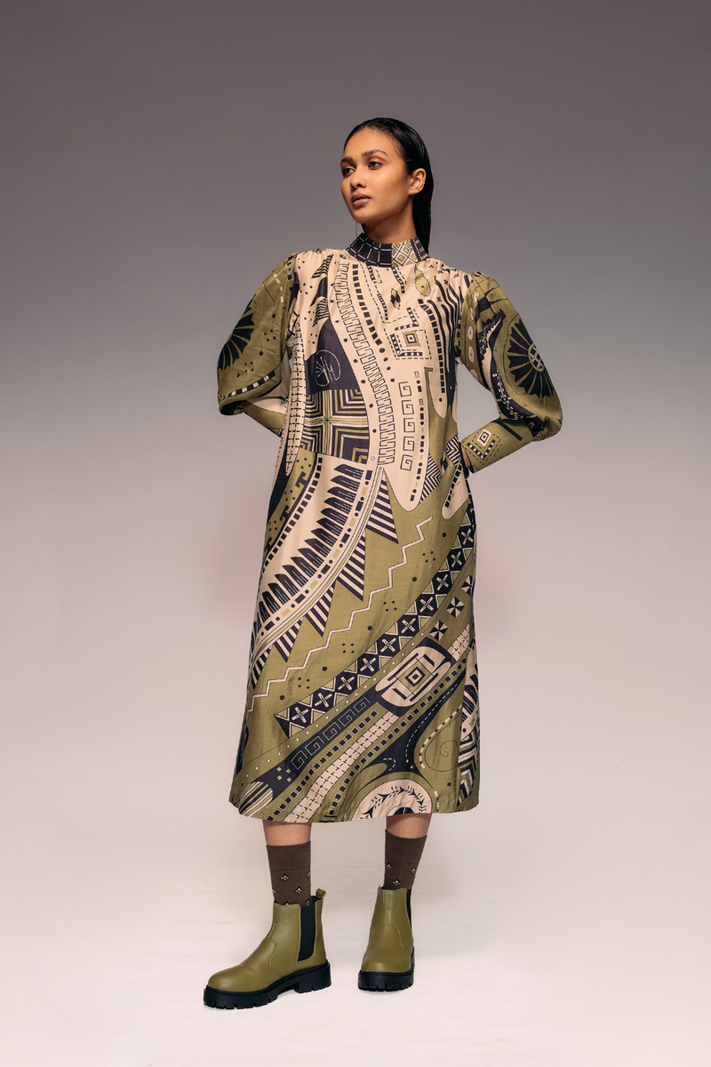 Olive Print Silk Midi silk Buy Olive Print Silk Midi from C&W | Dresses for Women by Kritika Murarka in olive color for women in Singapore