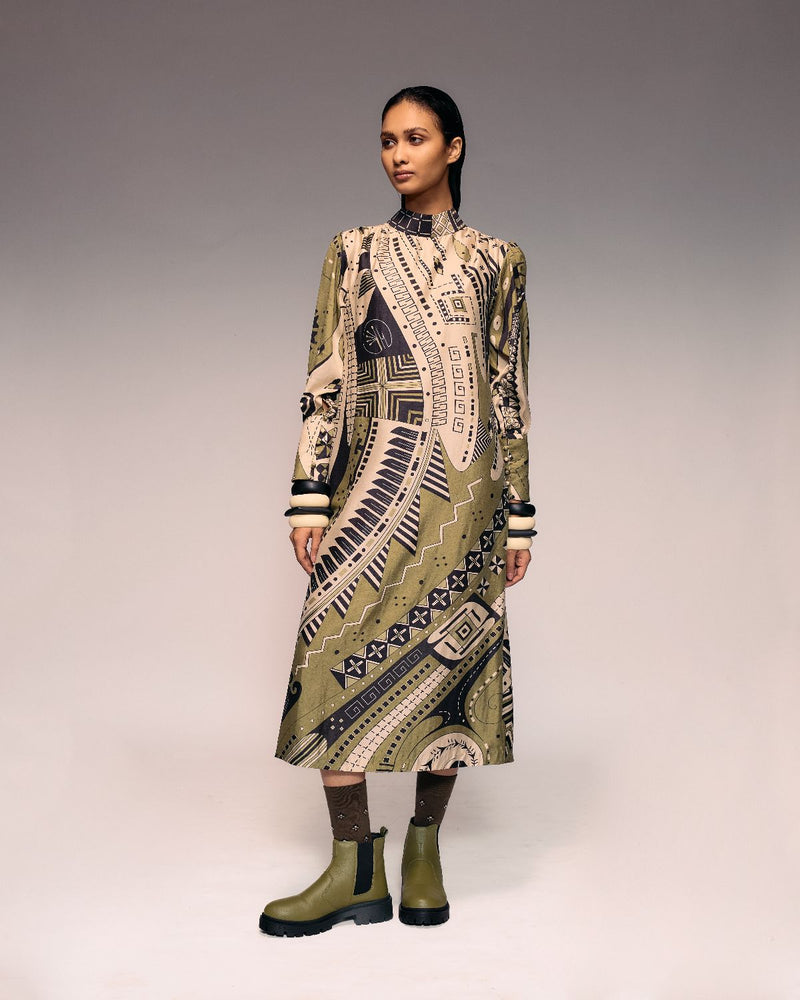 Olive Print Silk Midi silk Buy Olive Print Silk Midi from C&W | Dresses for Women by Kritika Murarka in olive color for women in Singapore