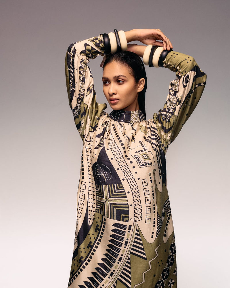 Olive Print Silk Midi silk Buy Olive Print Silk Midi from C&W | Dresses for Women by Kritika Murarka in olive color for women in Singapore