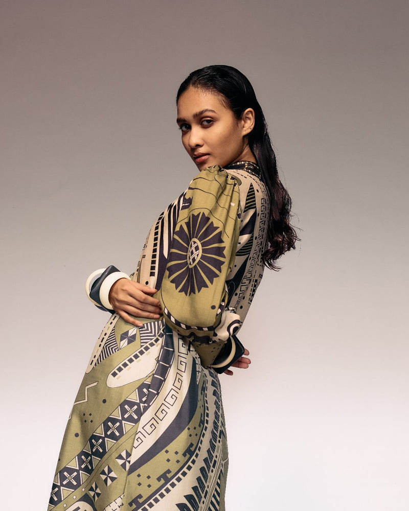 Olive Print Silk Midi silk Buy Olive Print Silk Midi from C&W | Dresses for Women by Kritika Murarka in olive color for women in Singapore