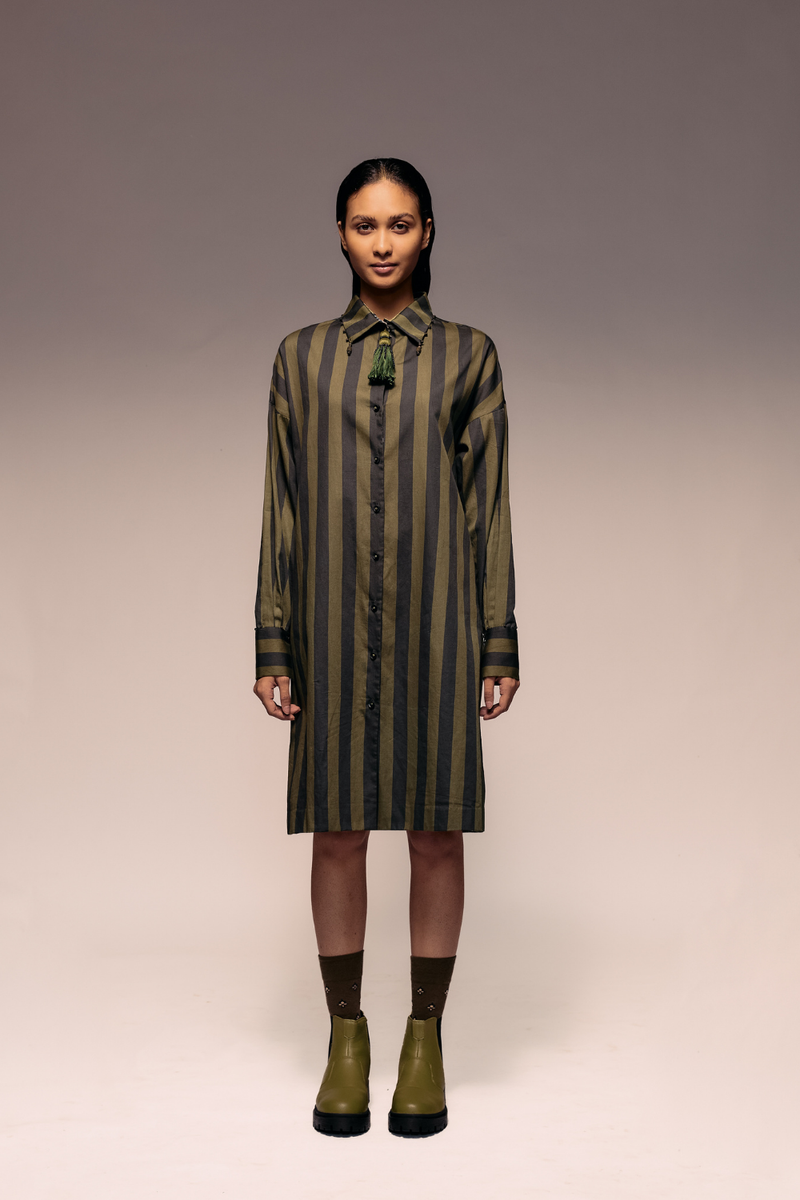 Olive Black Stripe Shirt Dress cotton Buy Olive Black Stripe Shirt Dress from C&W | Dresses for Women by Kritika Murarka in black color for women in Singapore