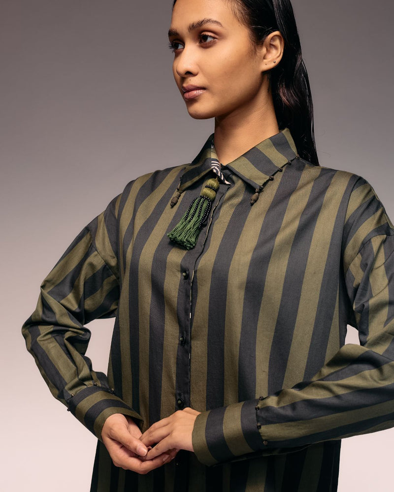 Olive Black Stripe Shirt Dress cotton Buy Olive Black Stripe Shirt Dress from C&W | Dresses for Women by Kritika Murarka in black color for women in Singapore