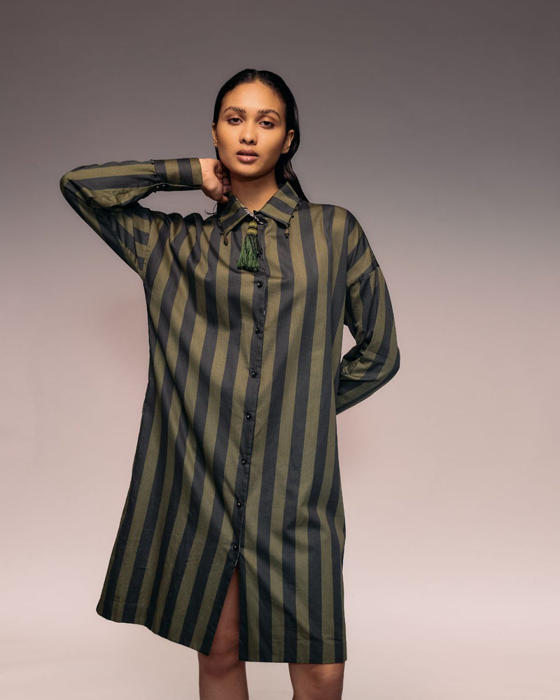 Olive Black Stripe Shirt Dress cotton Buy Olive Black Stripe Shirt Dress from C&W | Dresses for Women by Kritika Murarka in black color for women in Singapore