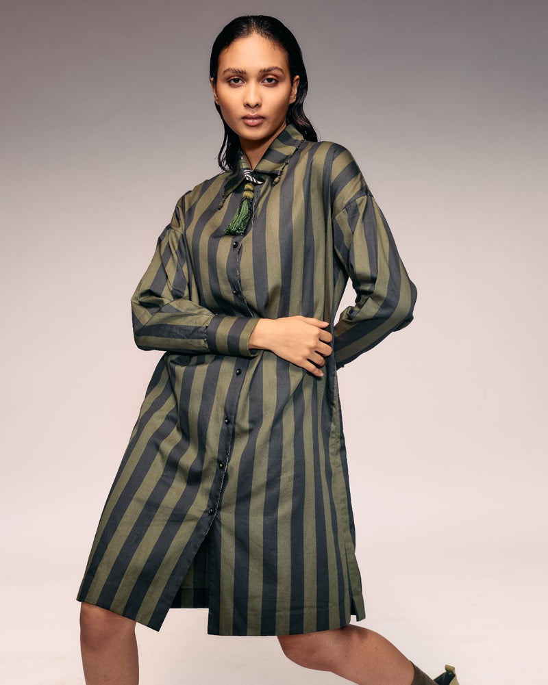 Olive Black Stripe Shirt Dress cotton Buy Olive Black Stripe Shirt Dress from C&W | Dresses for Women by Kritika Murarka in black color for women in Singapore