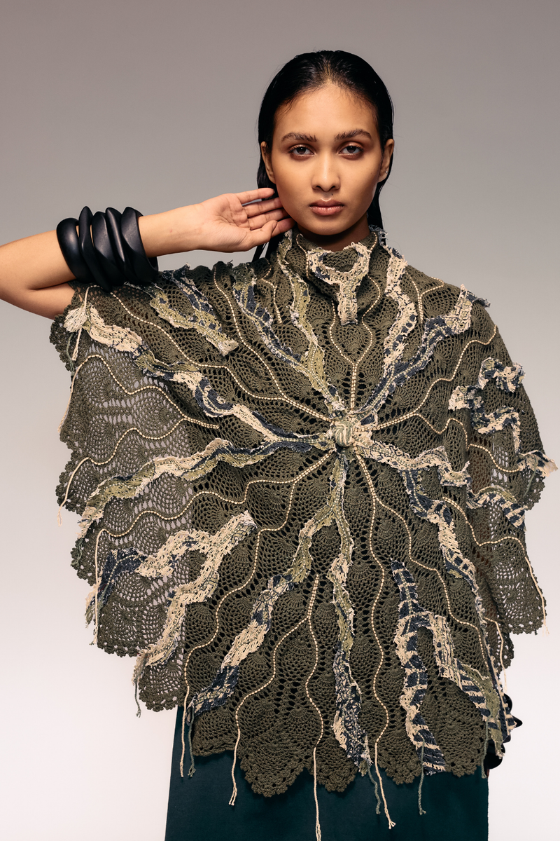 Olive Emb Crochet Cape cotton Buy Olive Emb Crochet Cape from C&W | Tops And Shirts for Women by Kritika Murarka in olive color for women in Singapore