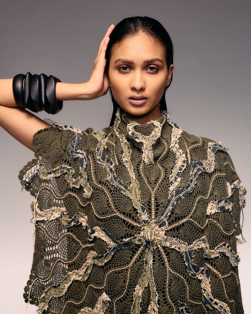 Olive Emb Crochet Cape cotton Buy Olive Emb Crochet Cape from C&W | Tops And Shirts for Women by Kritika Murarka in olive color for women in Singapore