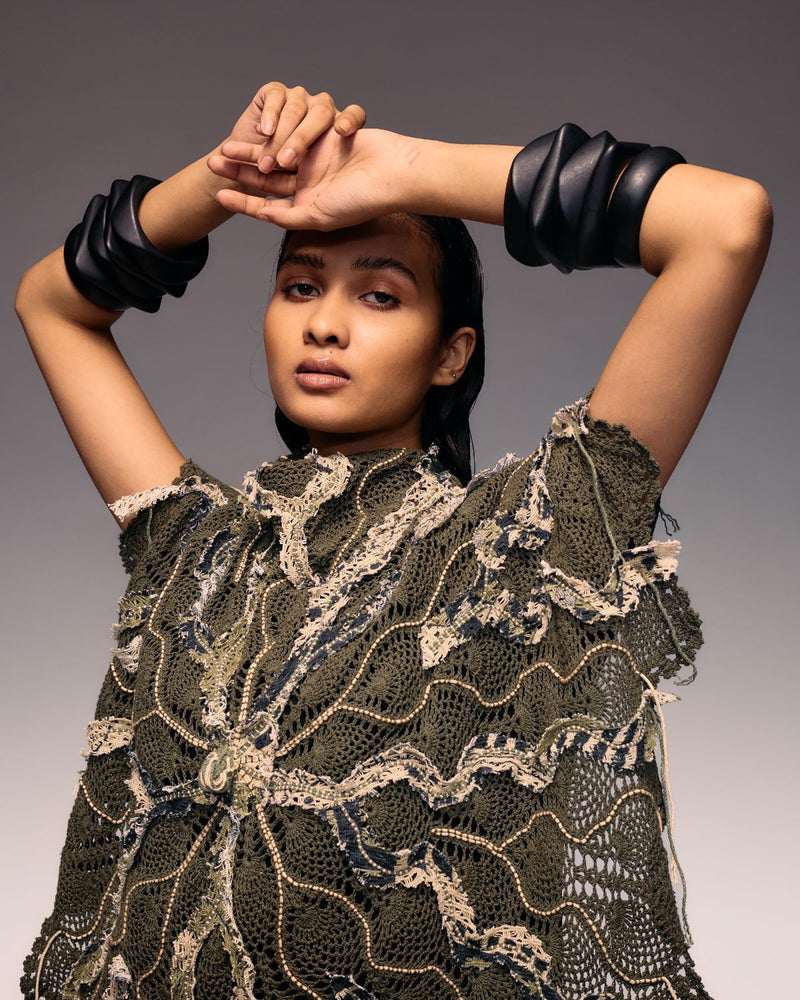 Olive Emb Crochet Cape cotton Buy Olive Emb Crochet Cape from C&W | Tops And Shirts for Women by Kritika Murarka in olive color for women in Singapore