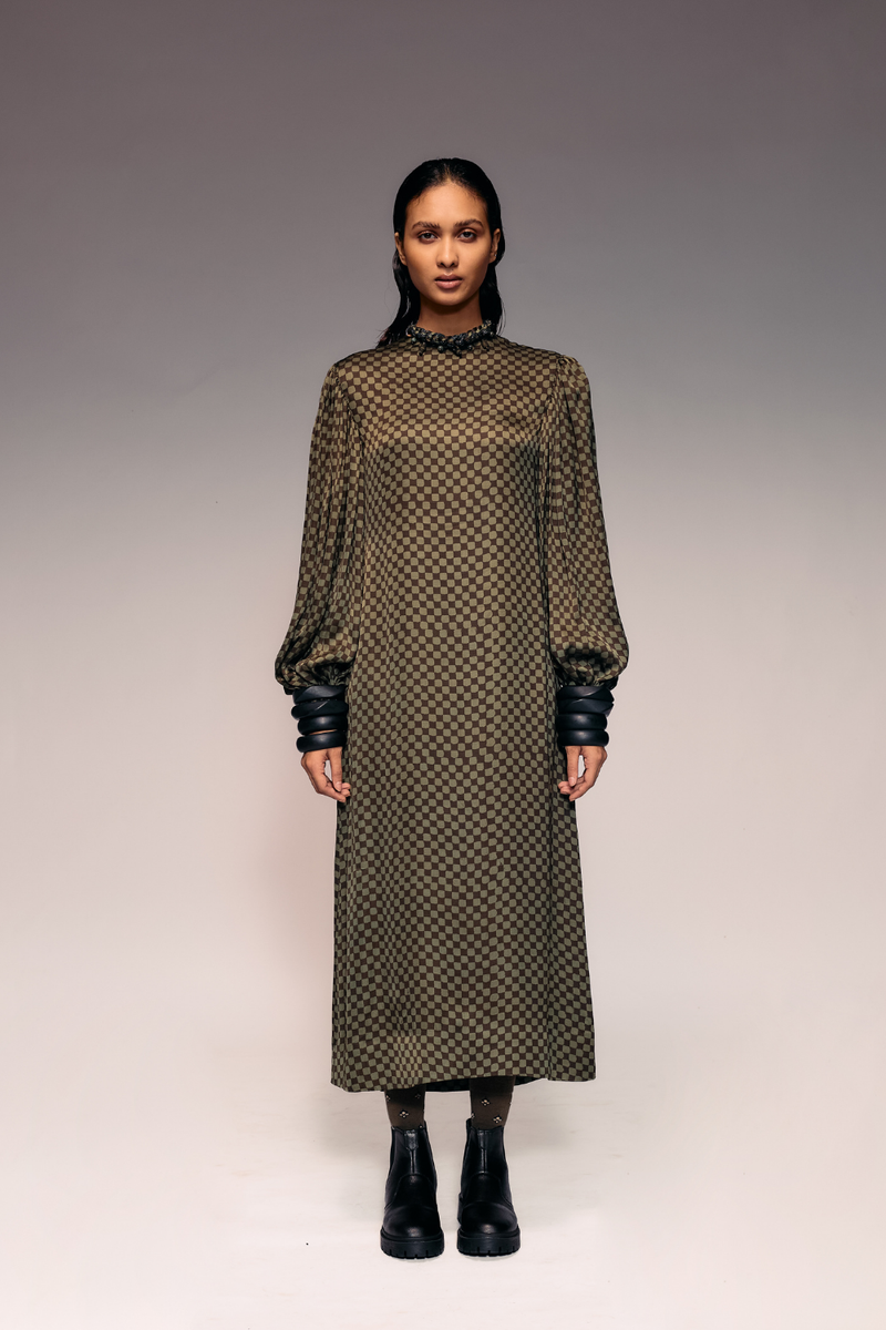 Olive Ajrakh Check Midi Dress satin Buy Olive Ajrakh Check Midi Dress from C&W | Dresses for Women by Kritika Murarka in olive color for women in Singapore